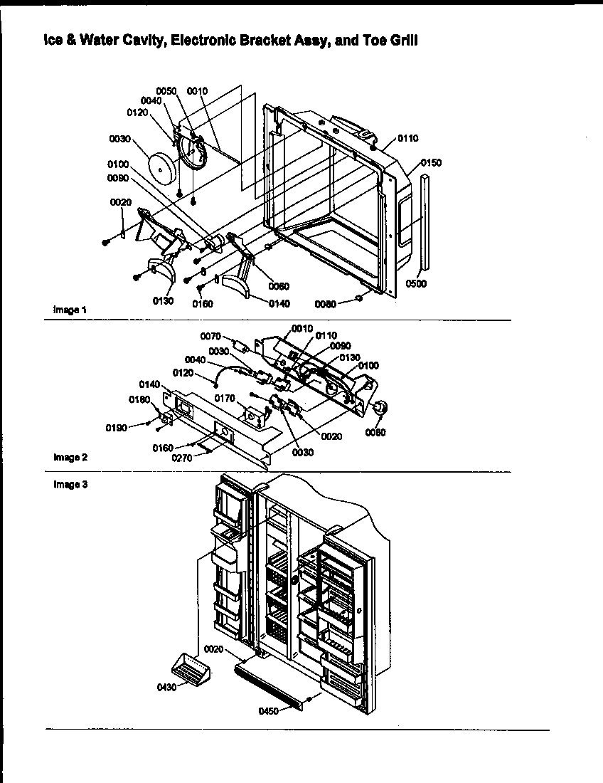 Amana SBD20S4L-P1190004WL ice & water cavity, electronic bracket assy, & toe grill diagram