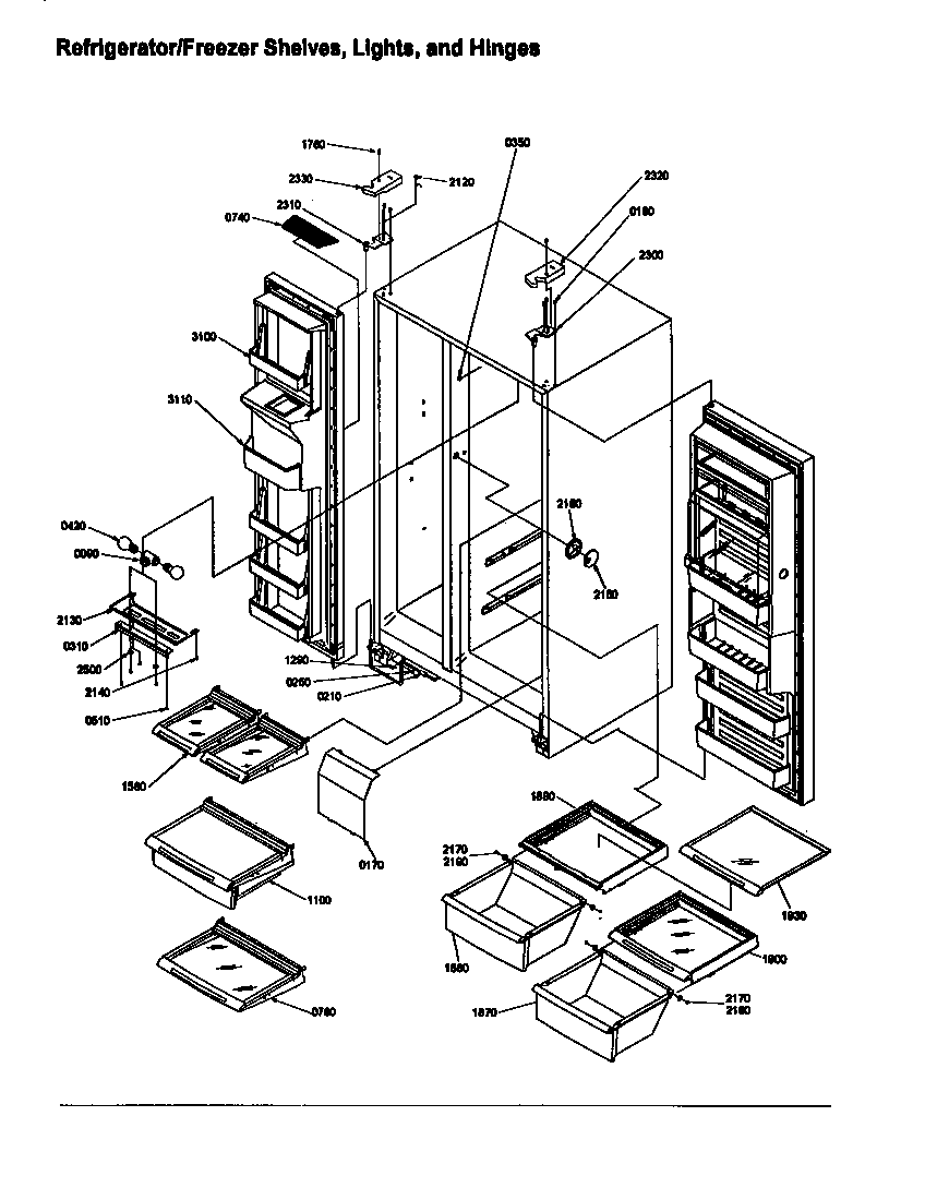 Amana SBD20S4L-P1190004WL refrigerator/freezer shelves, lights, and hinges diagram