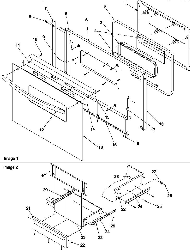 Amana ARR6300WW/P1143428NWW oven door and storage door diagram