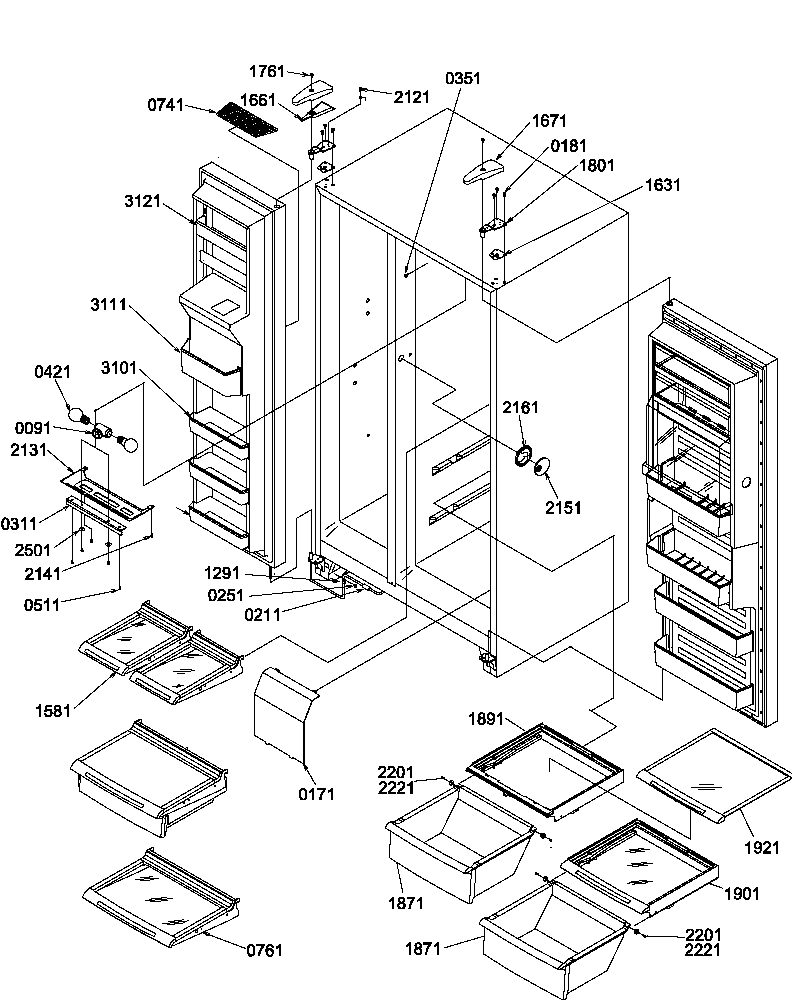 Amana SRD22S3L-P1190327WL refrigerator/freezer shelves/lights/hinges diagram