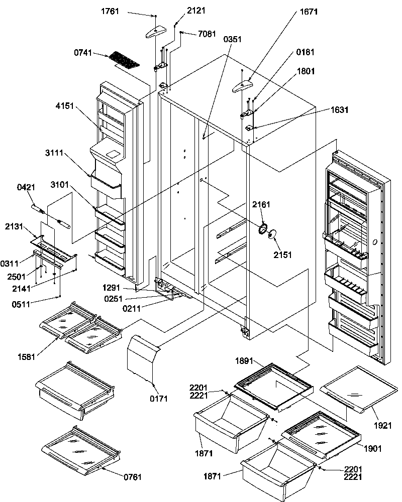 Amana SRDE528TBW-P1312602WW refrigerator/freezer shelves,lights and hinges diagram