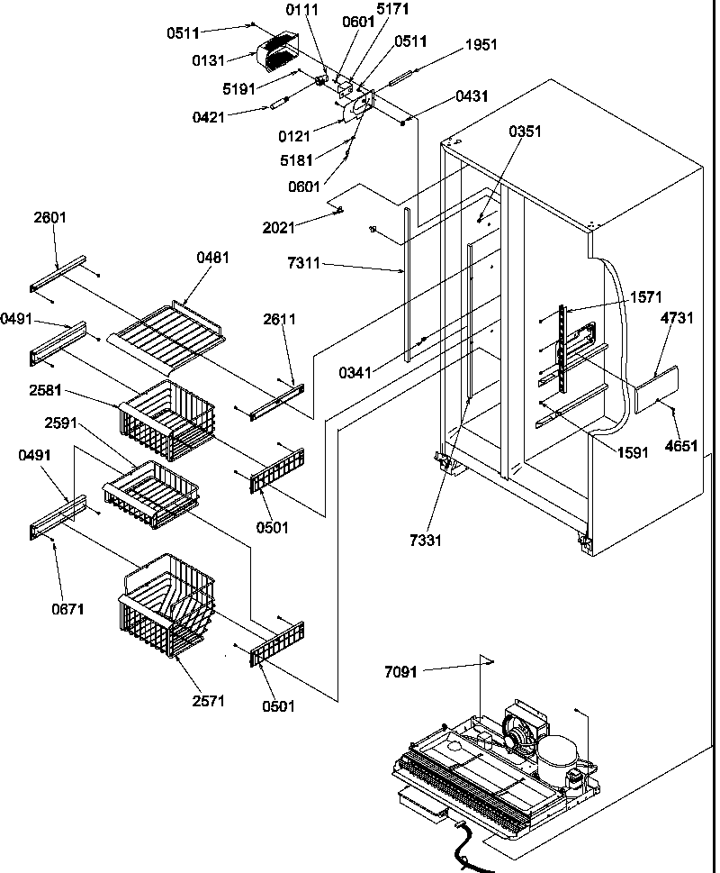 Amana SRDE528TBW-P1312602WW freezer shelves and light diagram