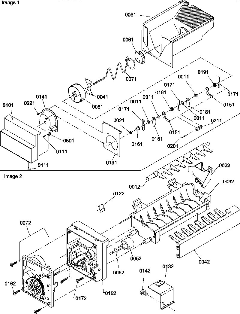 Amana SBDE20S4SW-P1190906WW ice bucket auger and ice maker parts diagram