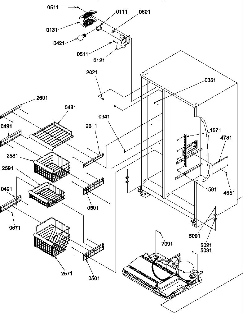 Amana SRD25VPE-P1190326WE freezer shelves and light diagram
