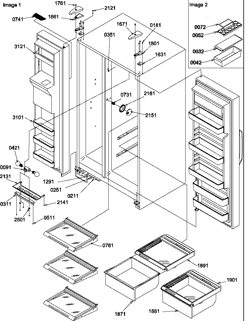 Amana SQD25VL-P1190430WL refrigerator/freezer shelves, lights, and hinges diagram