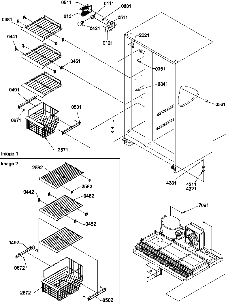 Amana SQD25VL-P1190430WL freezer shelves and light diagram