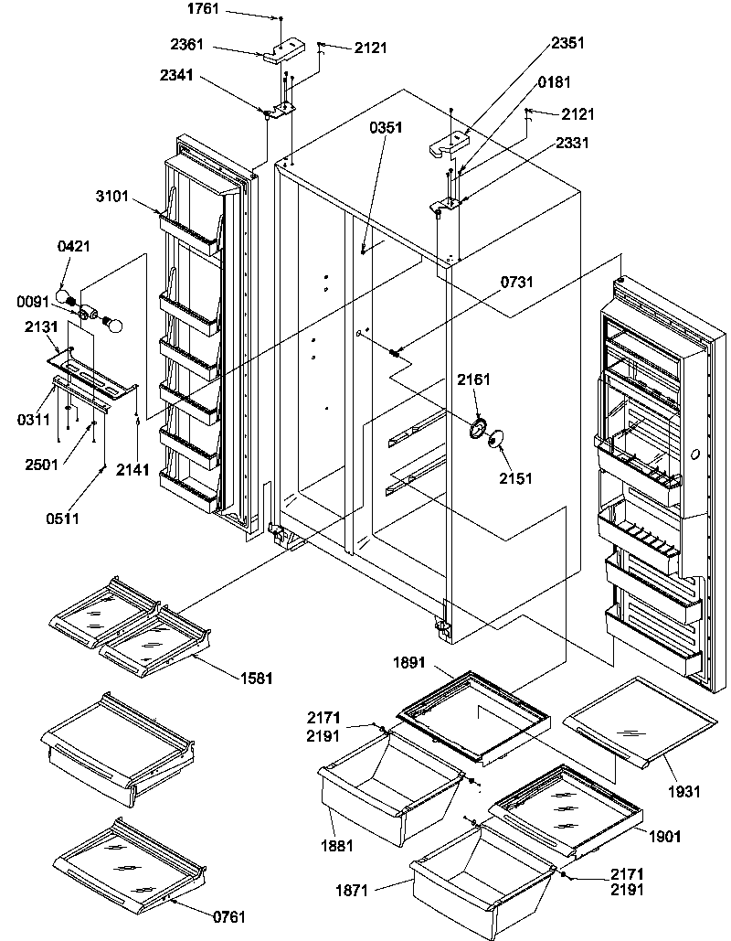 Amana SBIE20TPW-P1190708WW refrigerator/freezer shelves, lights, and hinges diagram
