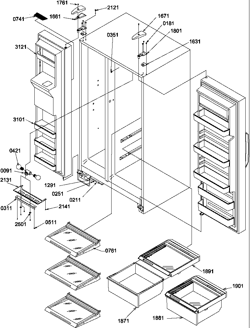 Amana SMD22TBW-P1303506WW refrigerator/freezer shelves, lights, and hinges diagram