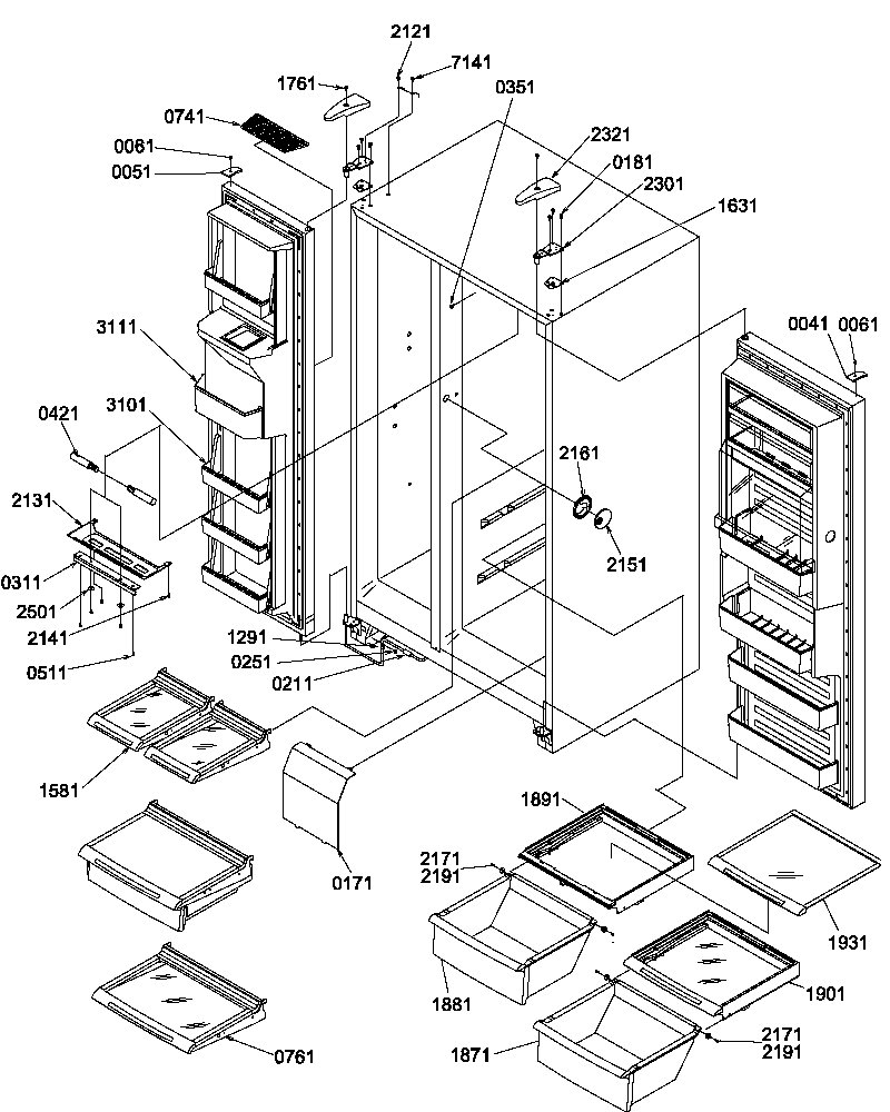 Amana SRD520TW-P1313101WW refrigerator/freezer shelves, lights,and hinges diagram