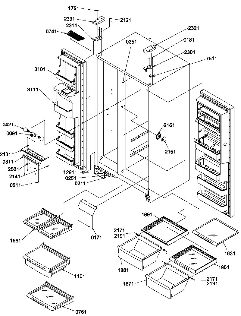 Amana SBD20TPW-P1190006WW refrigerator/freezer shelves, lights, and hinges diagram