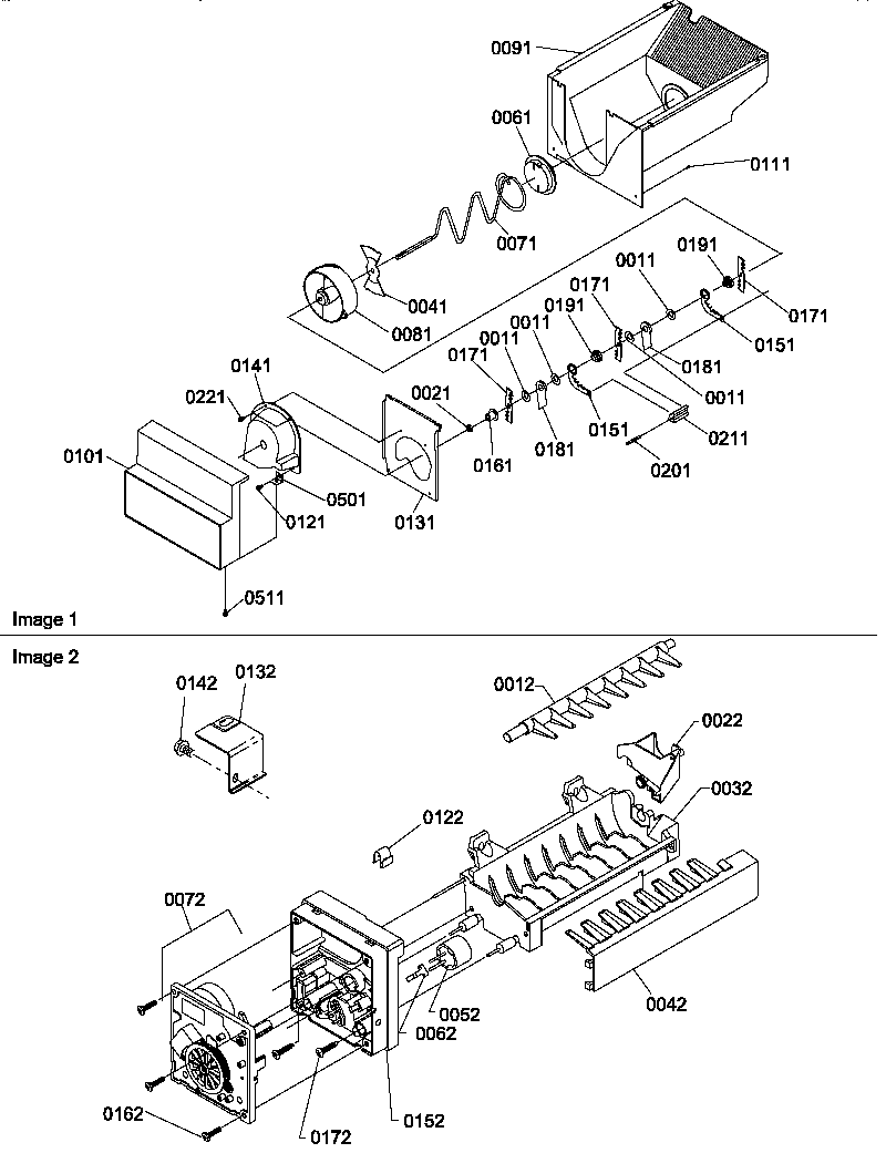 Amana SBD20TPW-P1190006WW ice bucket auger and ice maker parts diagram