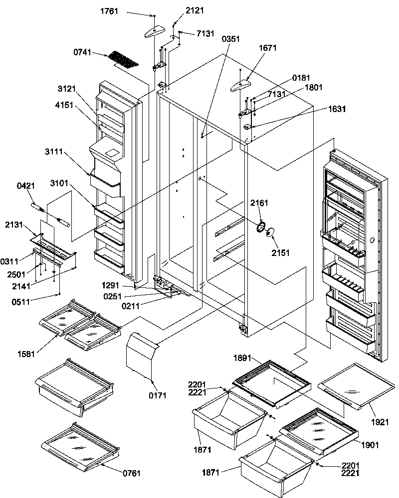 Amana SRD327S3L-P1312502WL refrigerator/freezer shelves, lights, and hinges diagram