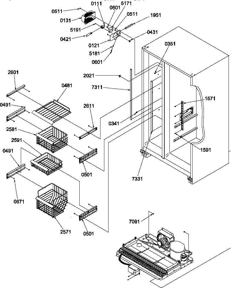 Amana SRD327S3L-P1312502WL freezer shelves and light diagram