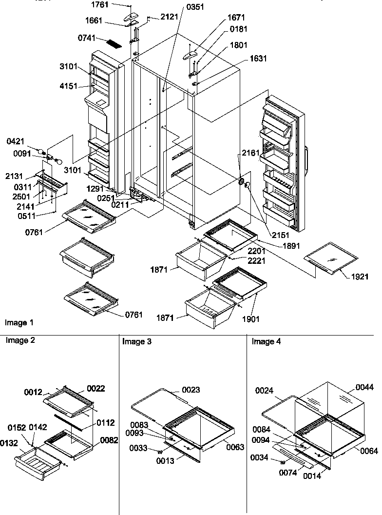 Amana SXD27TE-P1302802WE refrigerator/freezer shelves,lights and hinges diagram
