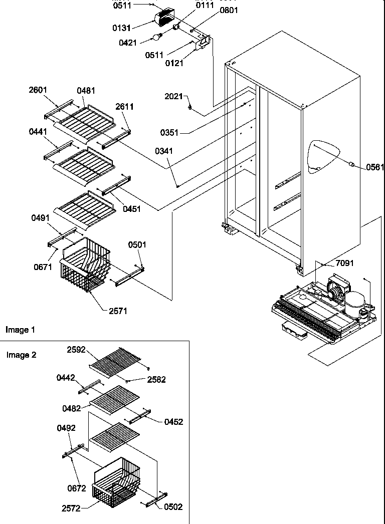 Amana SXD27TE-P1302802WE freezer shelves and light diagram