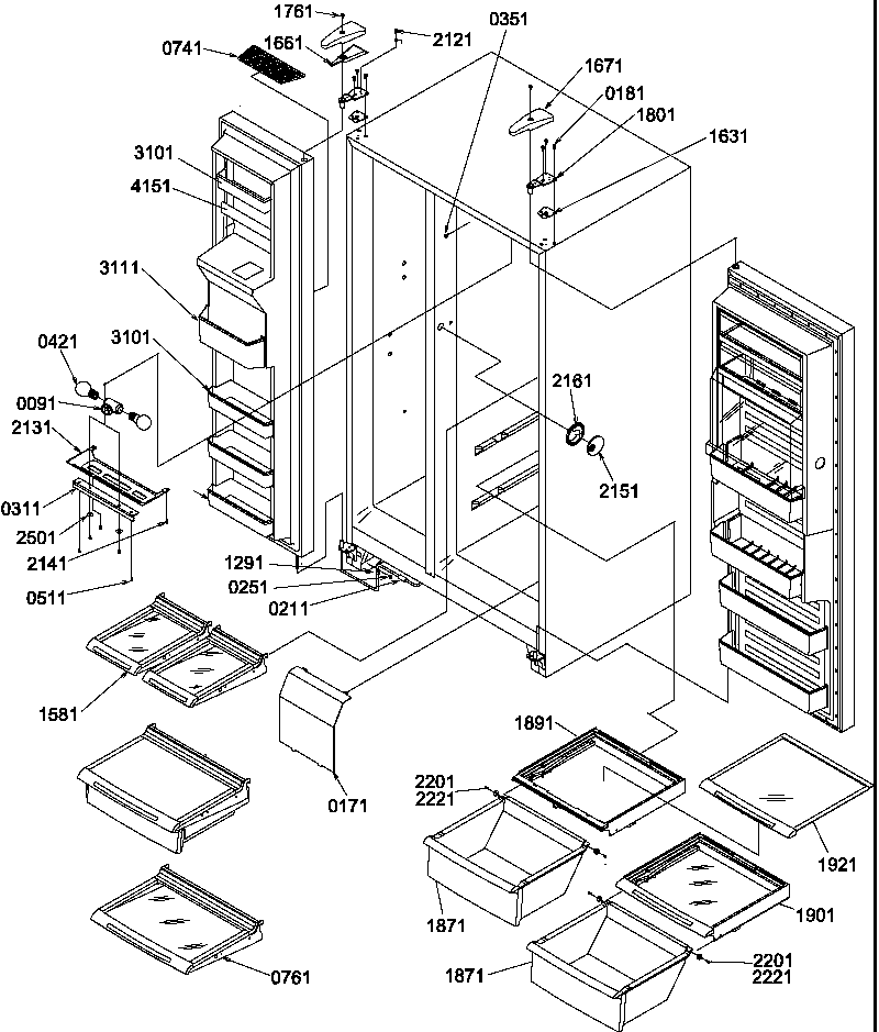 Amana SRD27S2E-P1190329WE refrigerator/freezer shelves, lights, and hinges diagram