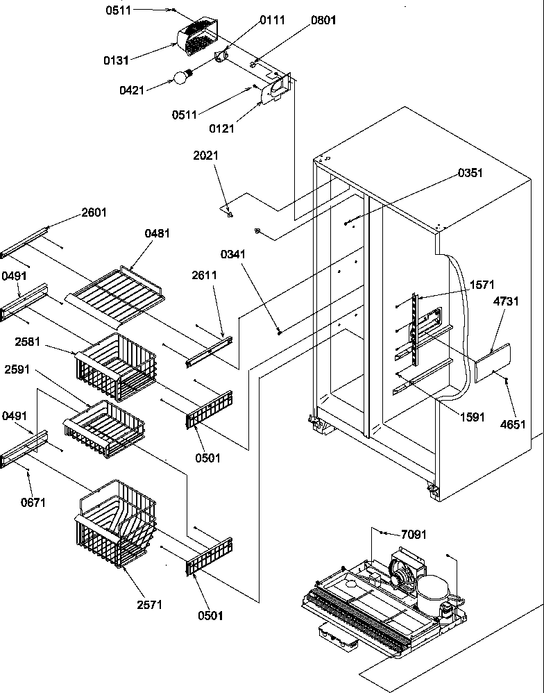 Amana SRD27S2E-P1190329WE freezer shelves and light diagram