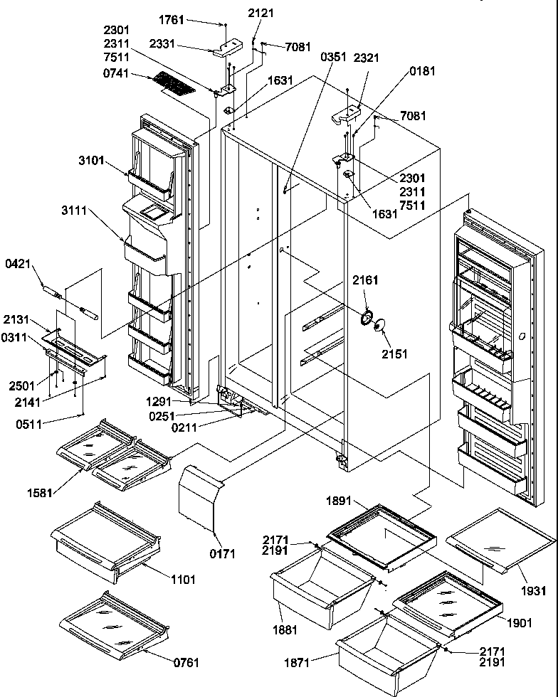 Amana SRDE520TBW-P1308702WW refrigerator/freezer shelves, light, and hinges diagram