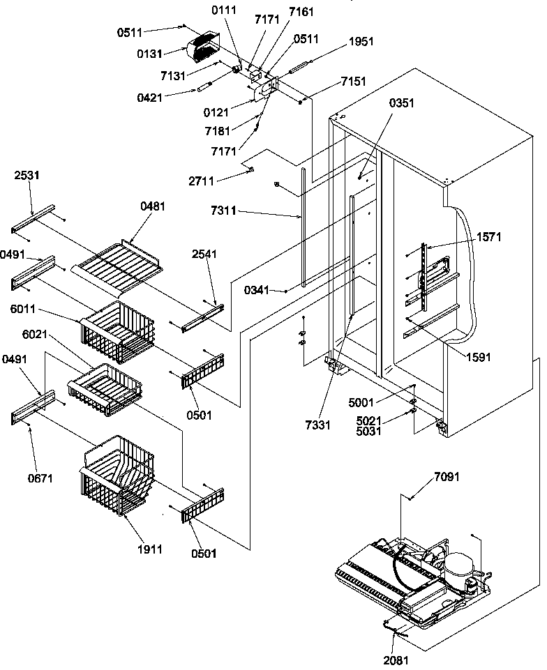 Amana SRDE520TBW-P1308702WW freezer shelves and light diagram