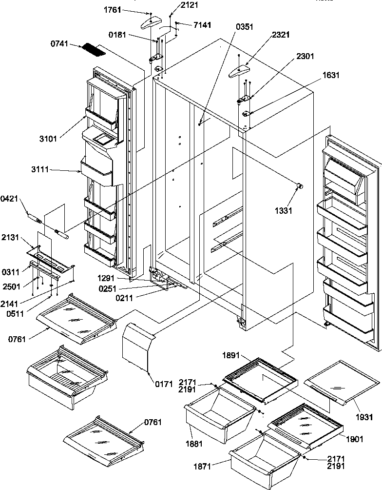 Amana SXD520TE-P1313701WE refrigerator/freezer shelves, lights, and hinges diagram