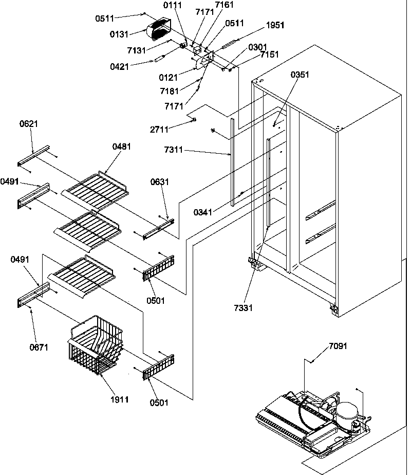 Amana SXD520TE-P1313701WE freezer shelves and light diagram