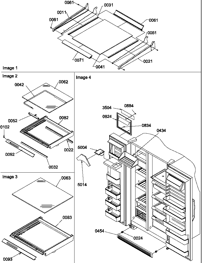 Amana SQD25TW-P1190427WW shelving, crisper assemblies and toe grille diagram