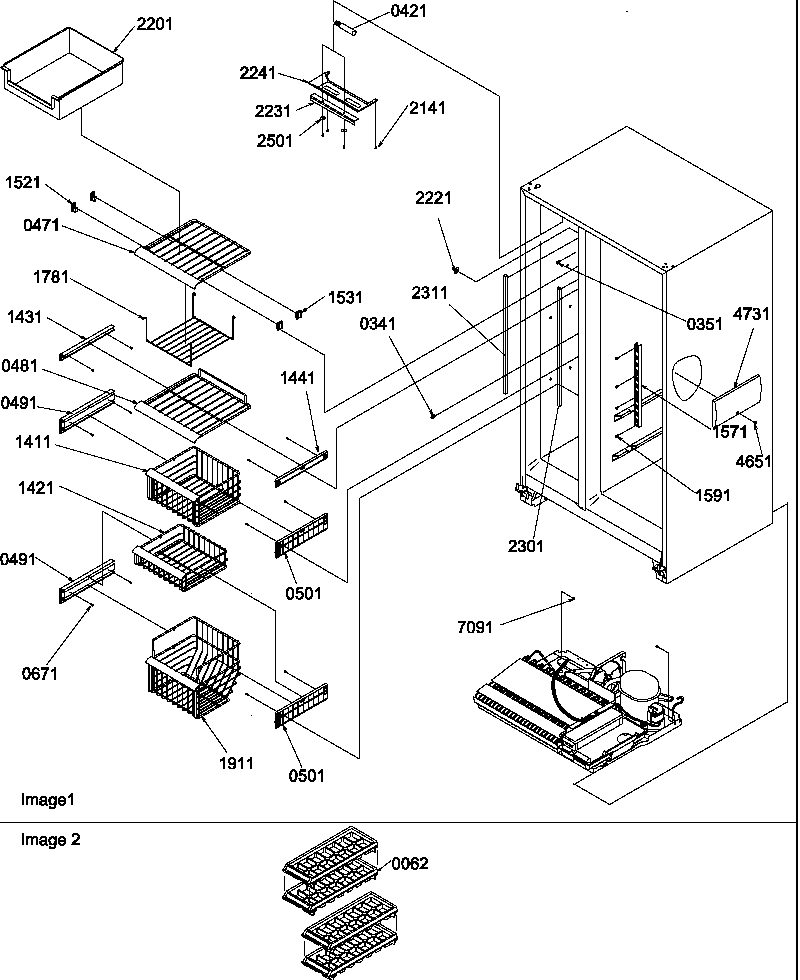 Amana SR520TW-P1312901W freezer shelves, light and accessories diagram