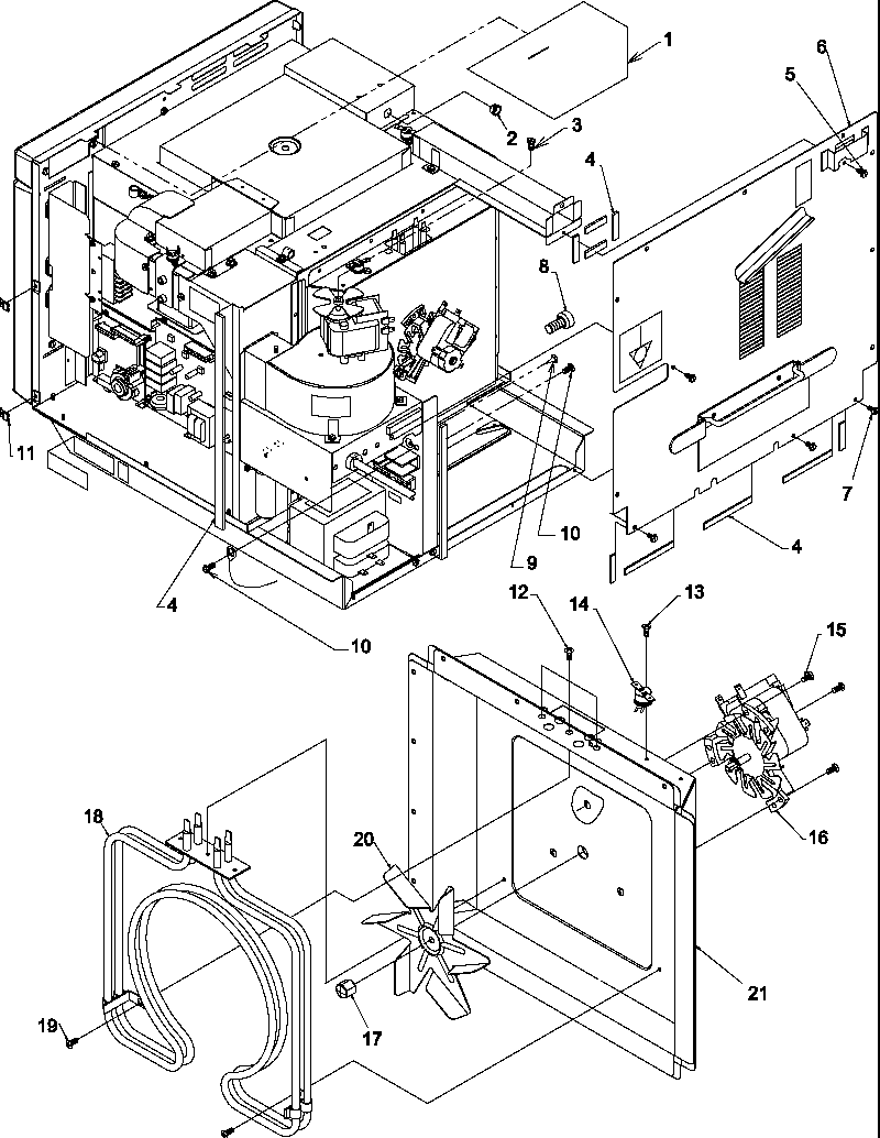 Amana CMM2000C-P1194108M rear access panel & heater box assemblies diagram