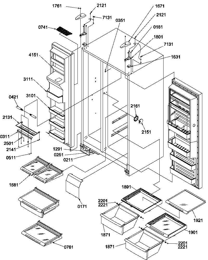 Amana SRDE327S3W-P1307103WW refrigerator/freezer shelves, lights, and hinges diagram