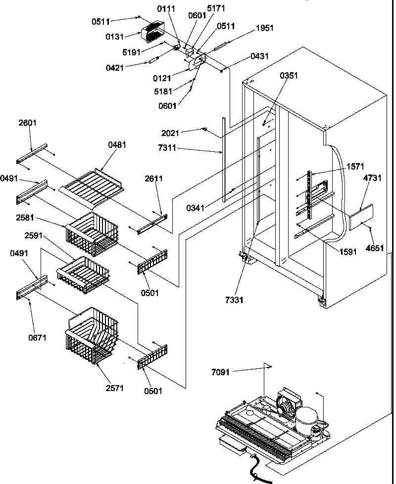 Amana SRDE327S3W-P1307103WW freezer shelves and light diagram