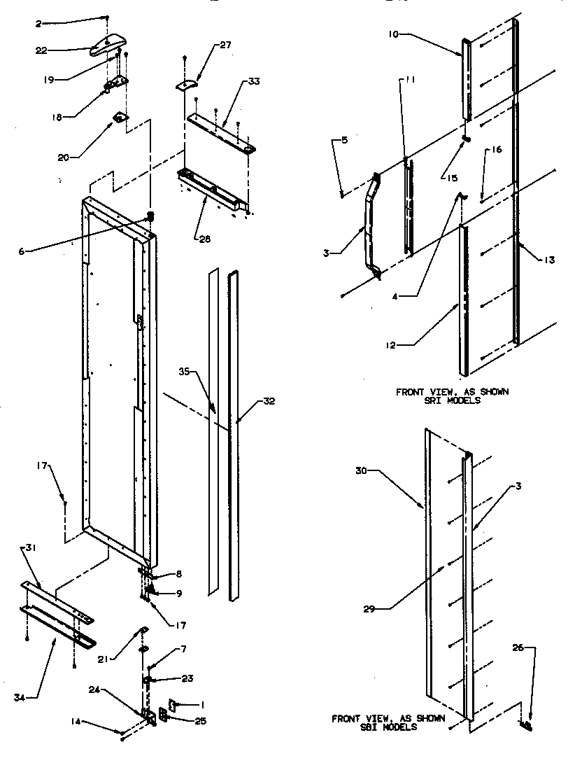 Amana SRI25S2W-P1194001WW freezer door hinge and trim parts diagram