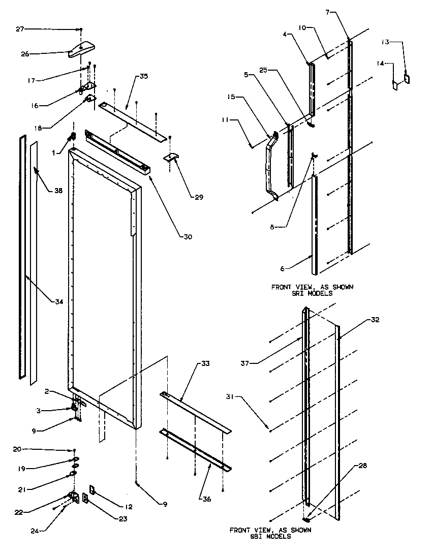 Amana SRI25S2W-P1194001WW refrigerator door hinge and trim parts diagram