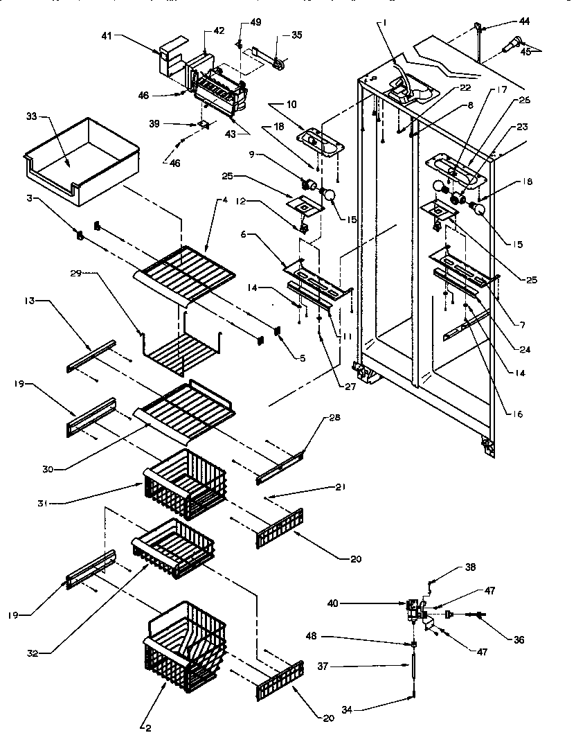 Amana SRI25S2W-P1194001WW freezer shelving and refrigerator light diagram