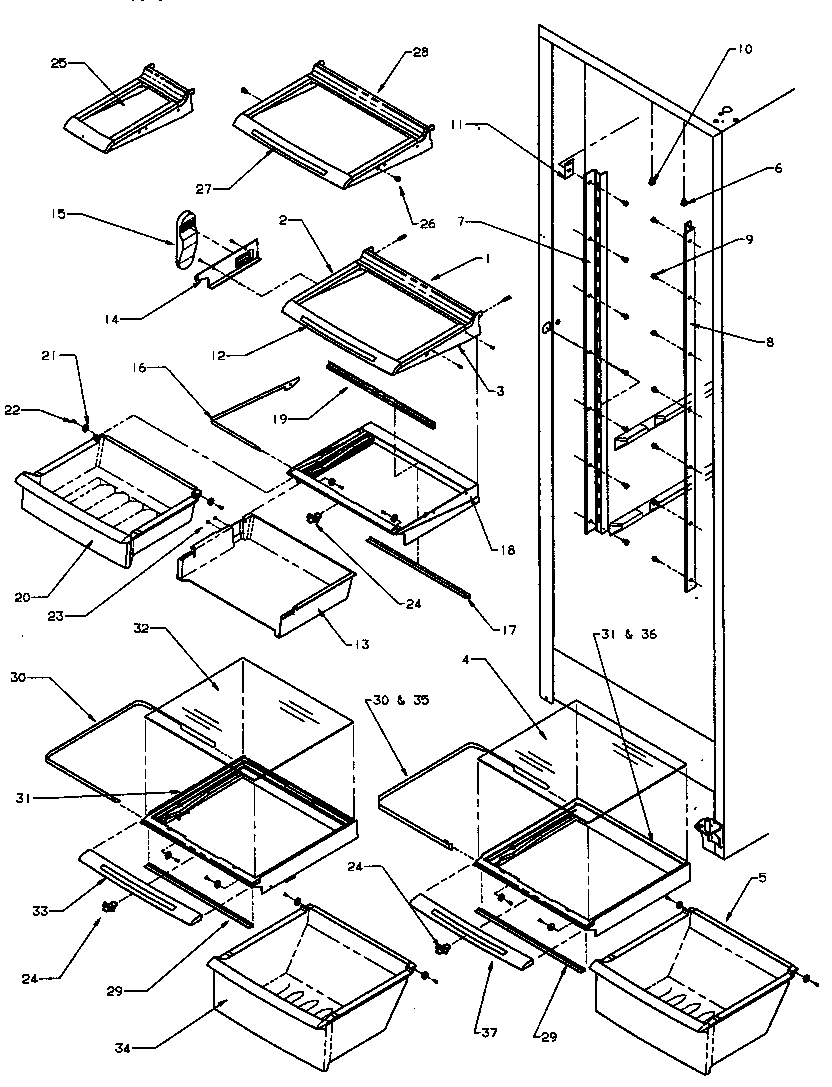 Amana SRI25S2W-P1194001WW refrigerator shelving and drawers diagram