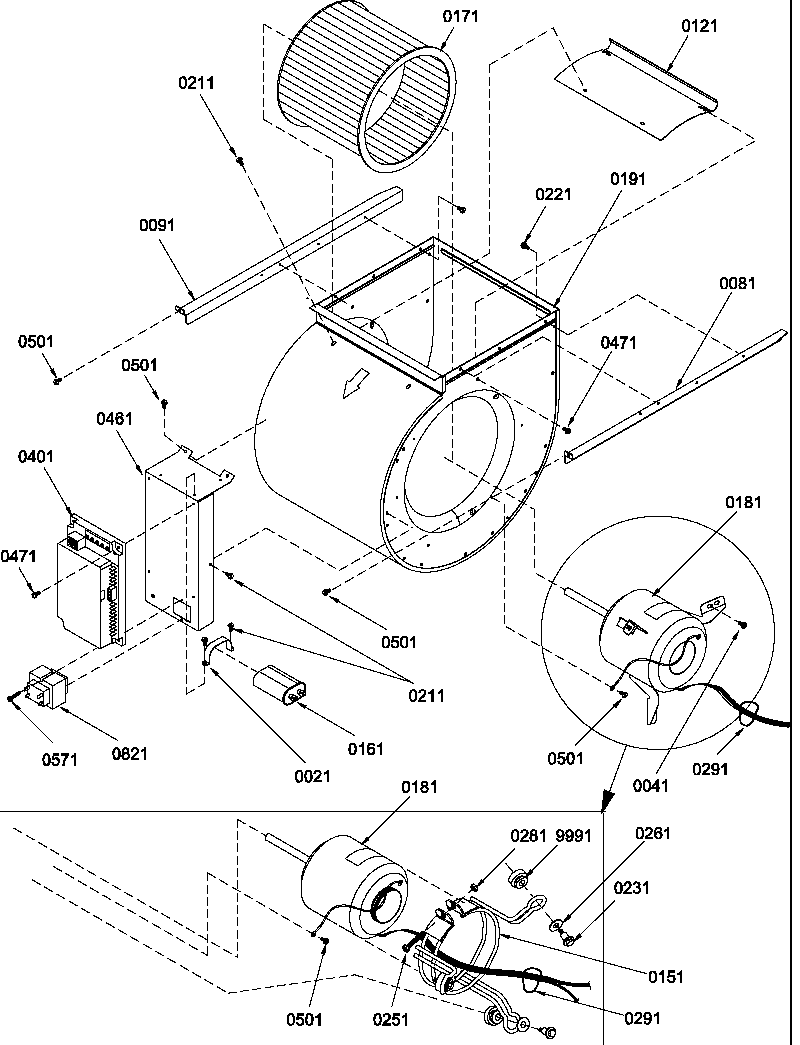Amana GUIC140DA50/P1222508F blower assembly & integrated control diagram