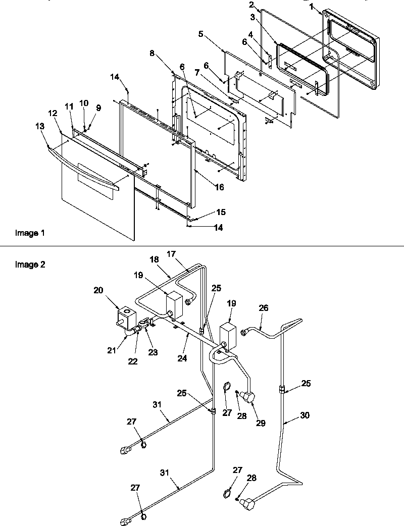 Amana AGOD2750E/P1132527NE oven door and gas supply diagram