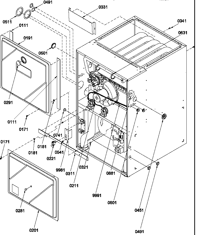 Amana GCCA090AX50/P1219505F cabinet assembly and blower mounting diagram