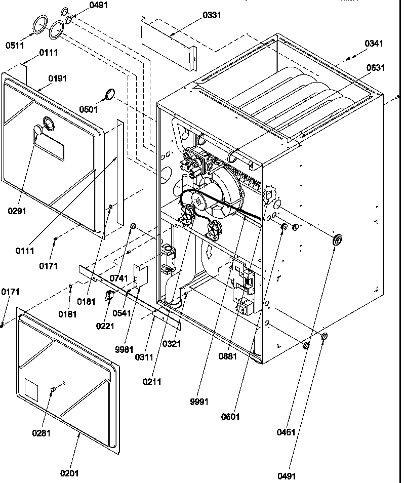 Amana GUCA045AX30/P1219301F cabinet assembly and blower mounting diagram