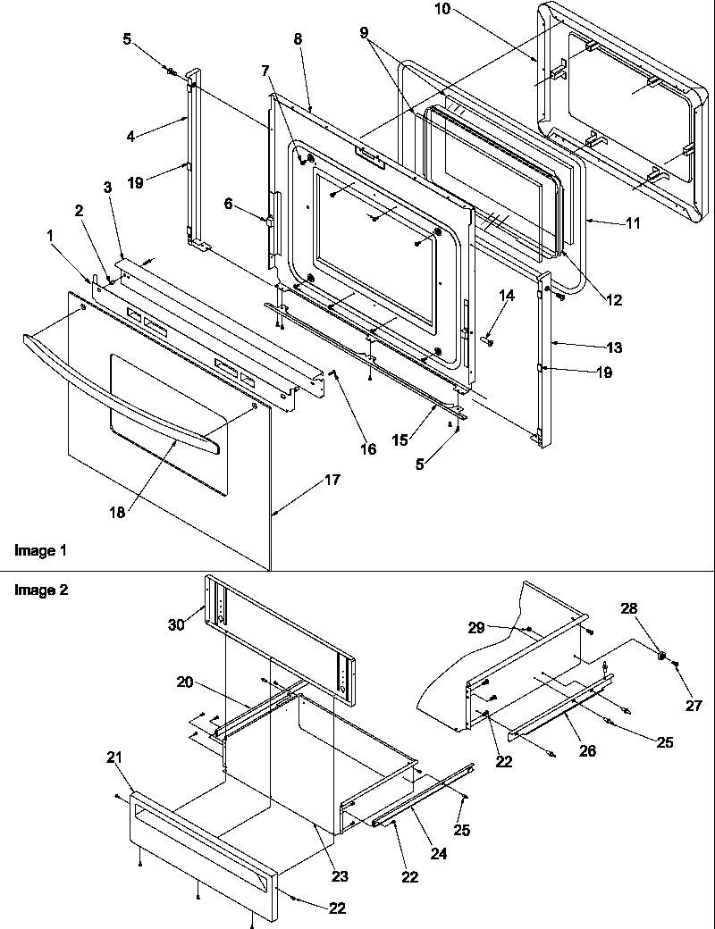 Amana ARTC8600E/P1143628NE oven door and storage drawer diagram