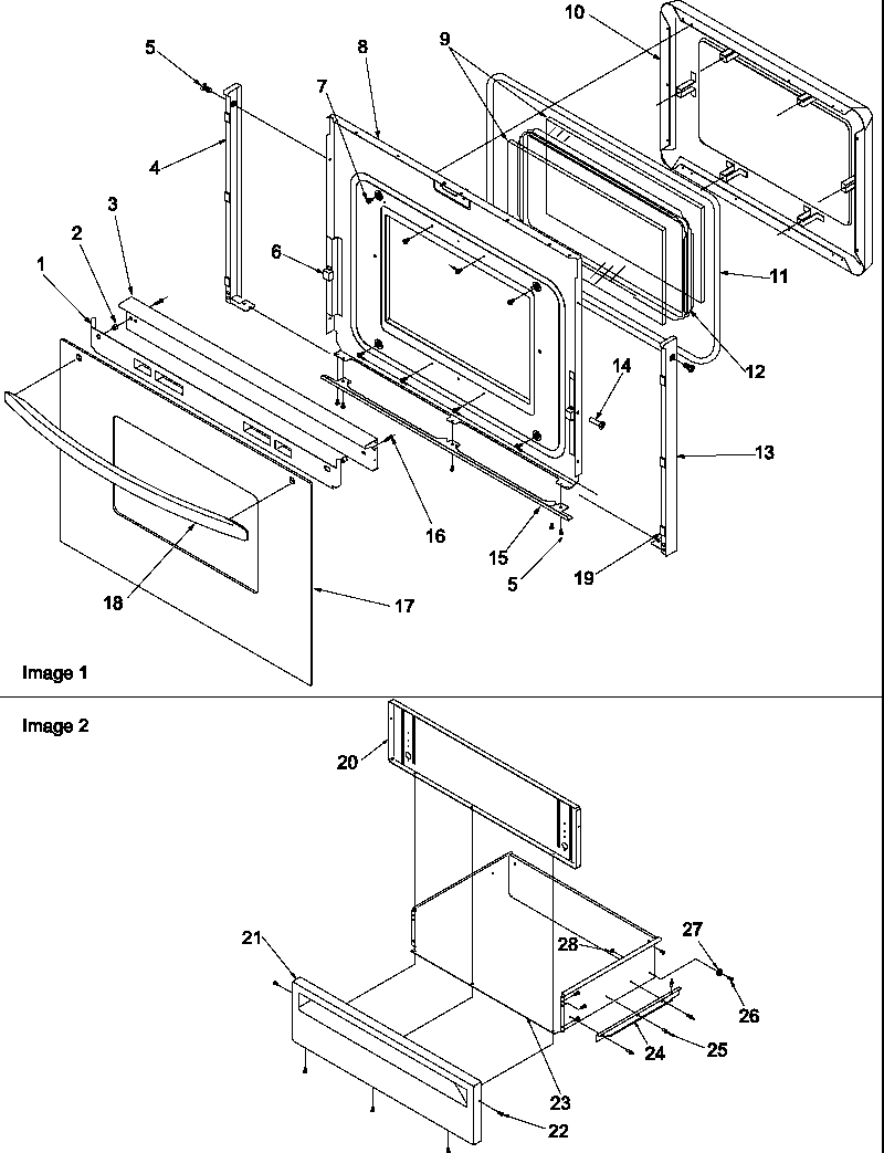 Amana ART6511LL/P1143658NLL oven door and storage door diagram