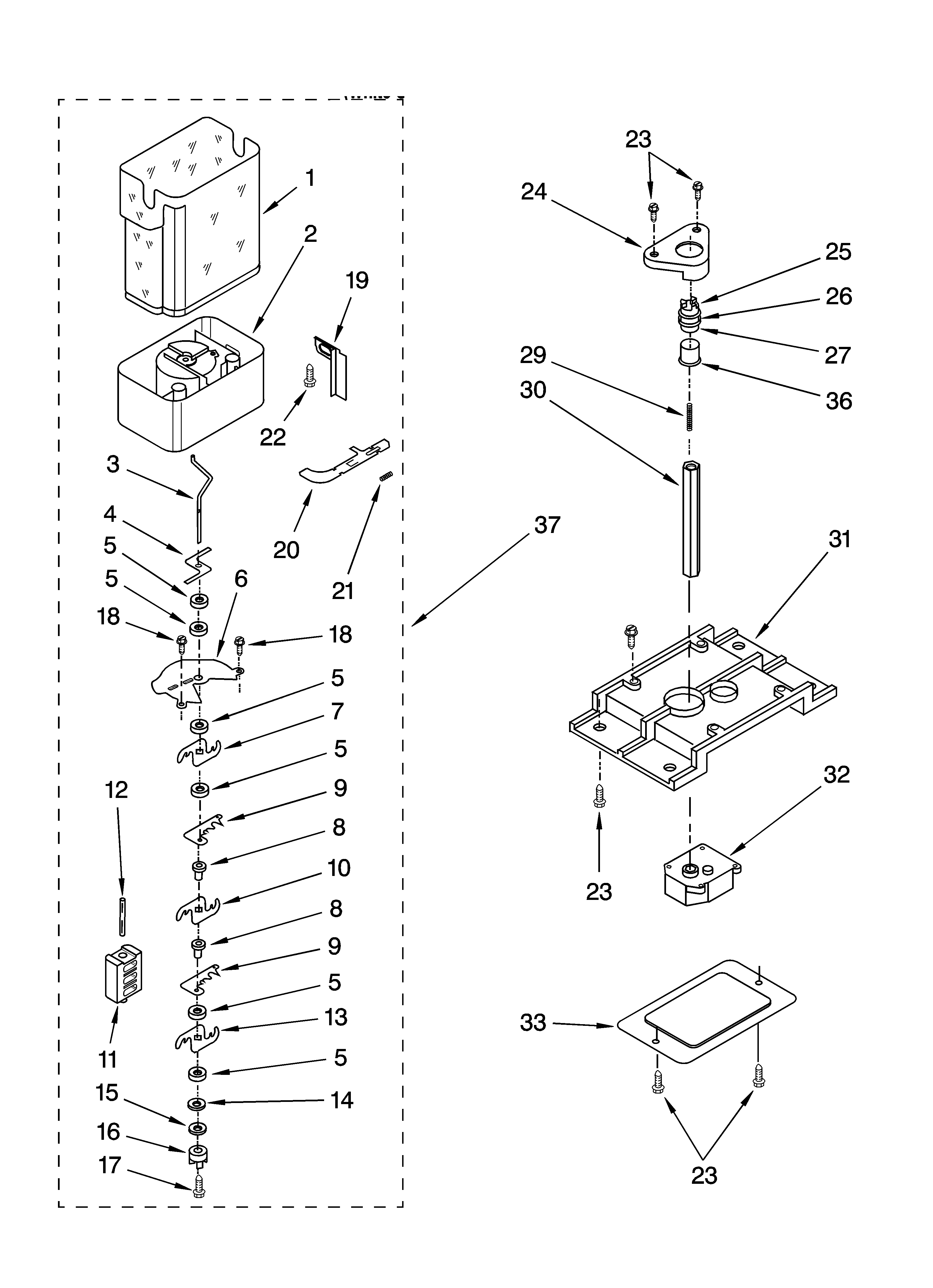 Kenmore 10644103300 motor and ice container parts diagram