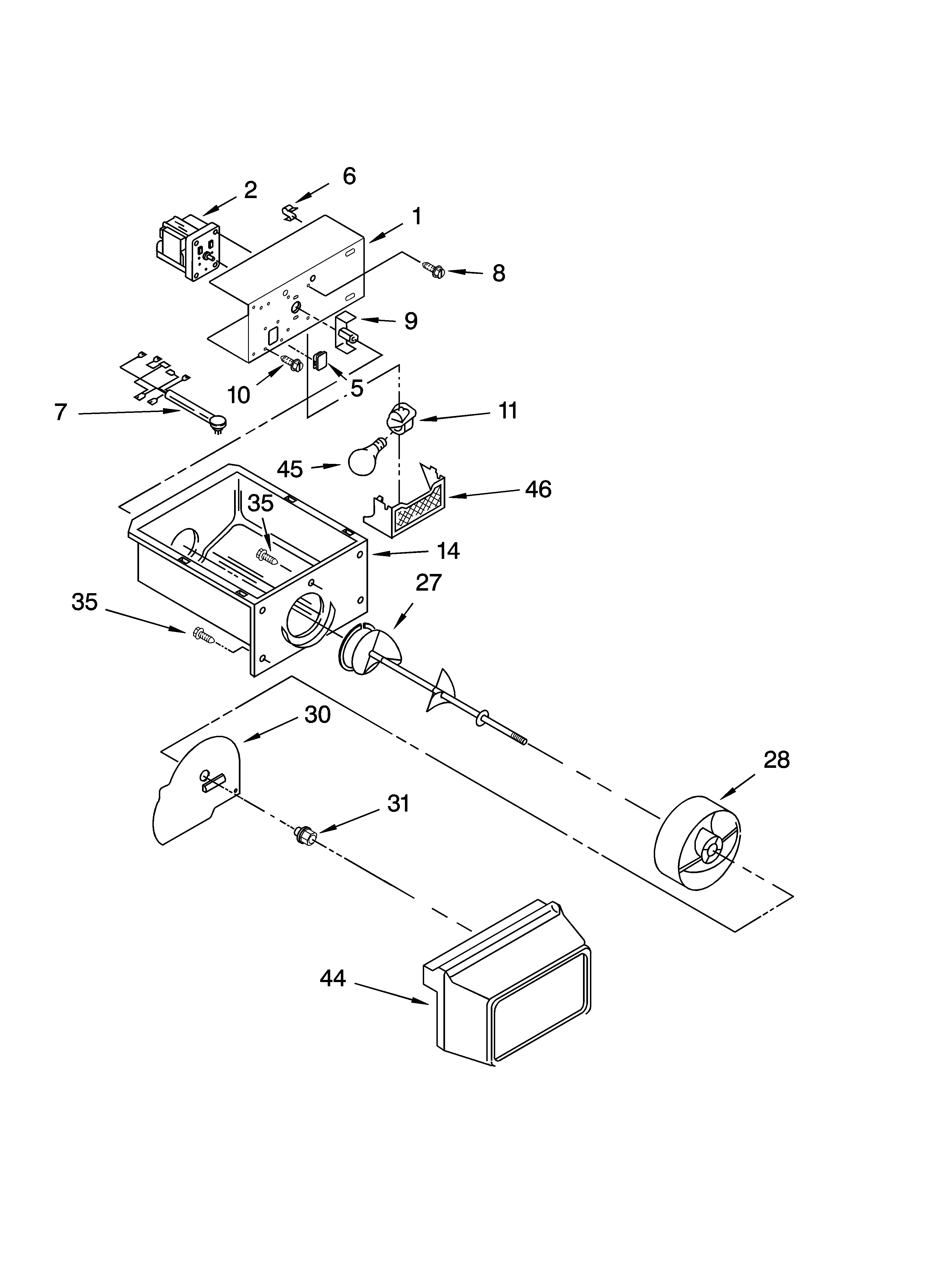 Kenmore 10654502300 motor and ice container parts diagram