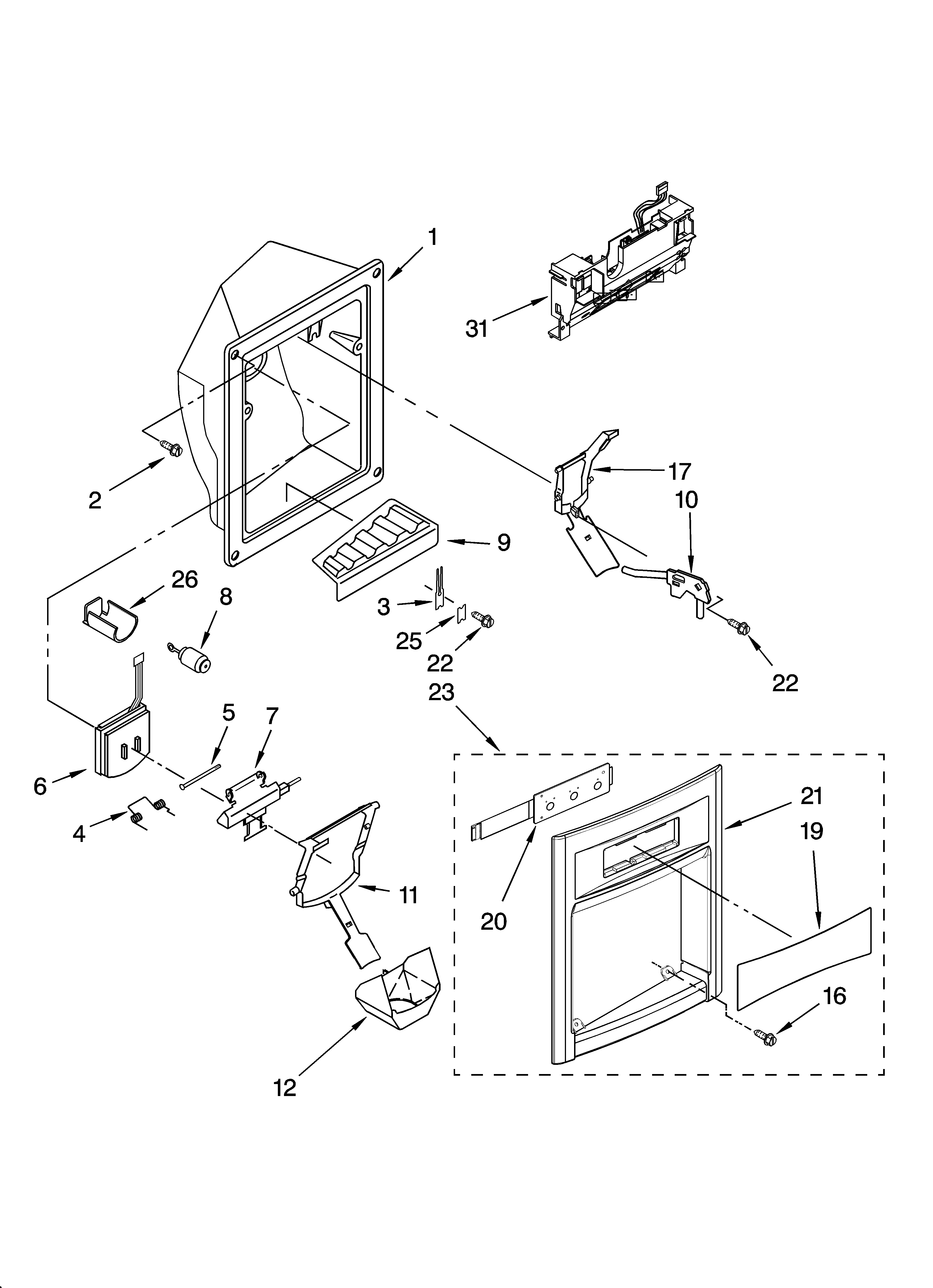 Kenmore Elite 10655213400 dispenser front parts diagram