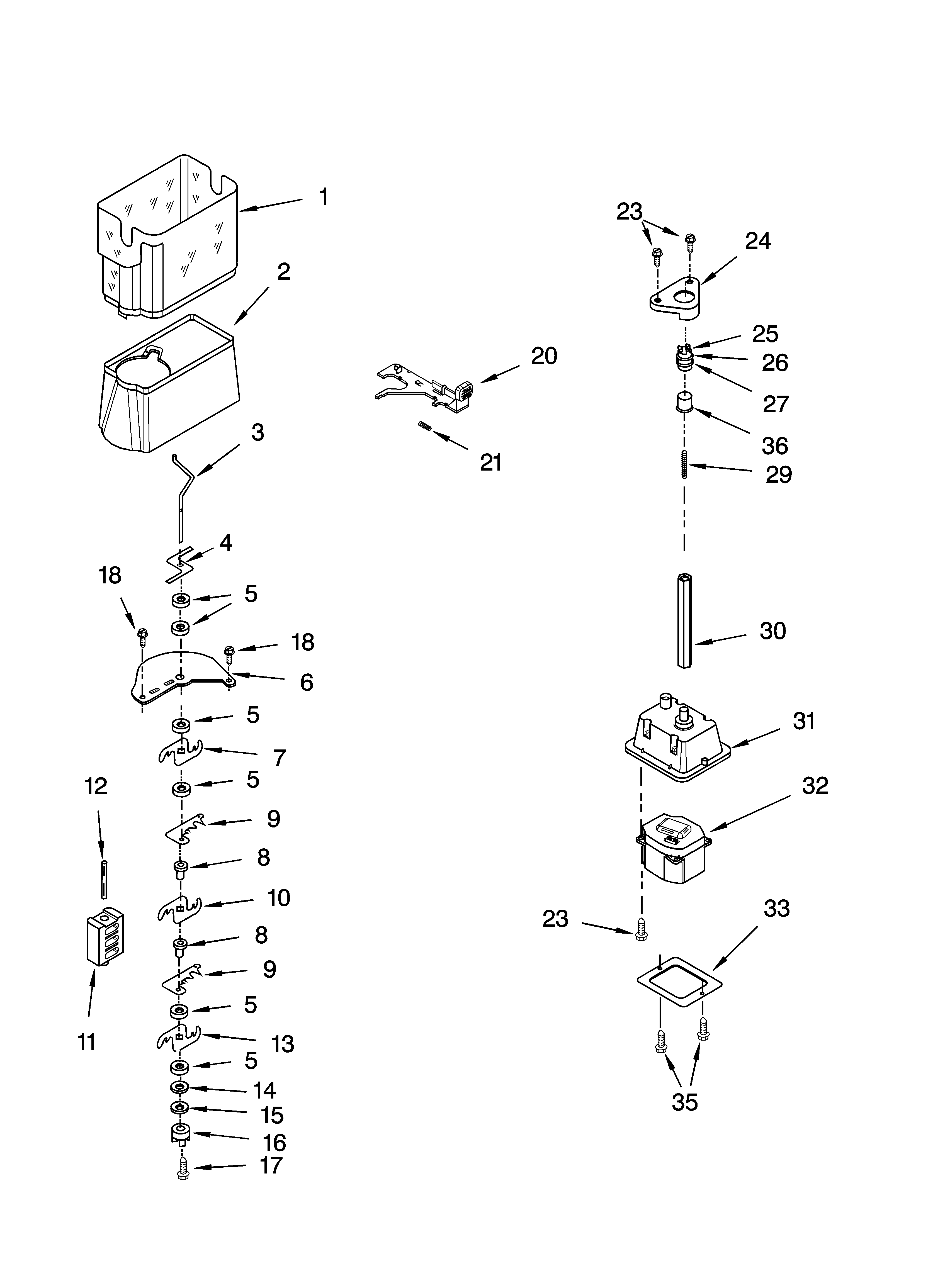 Kenmore 10656242400 motor and ice container parts diagram
