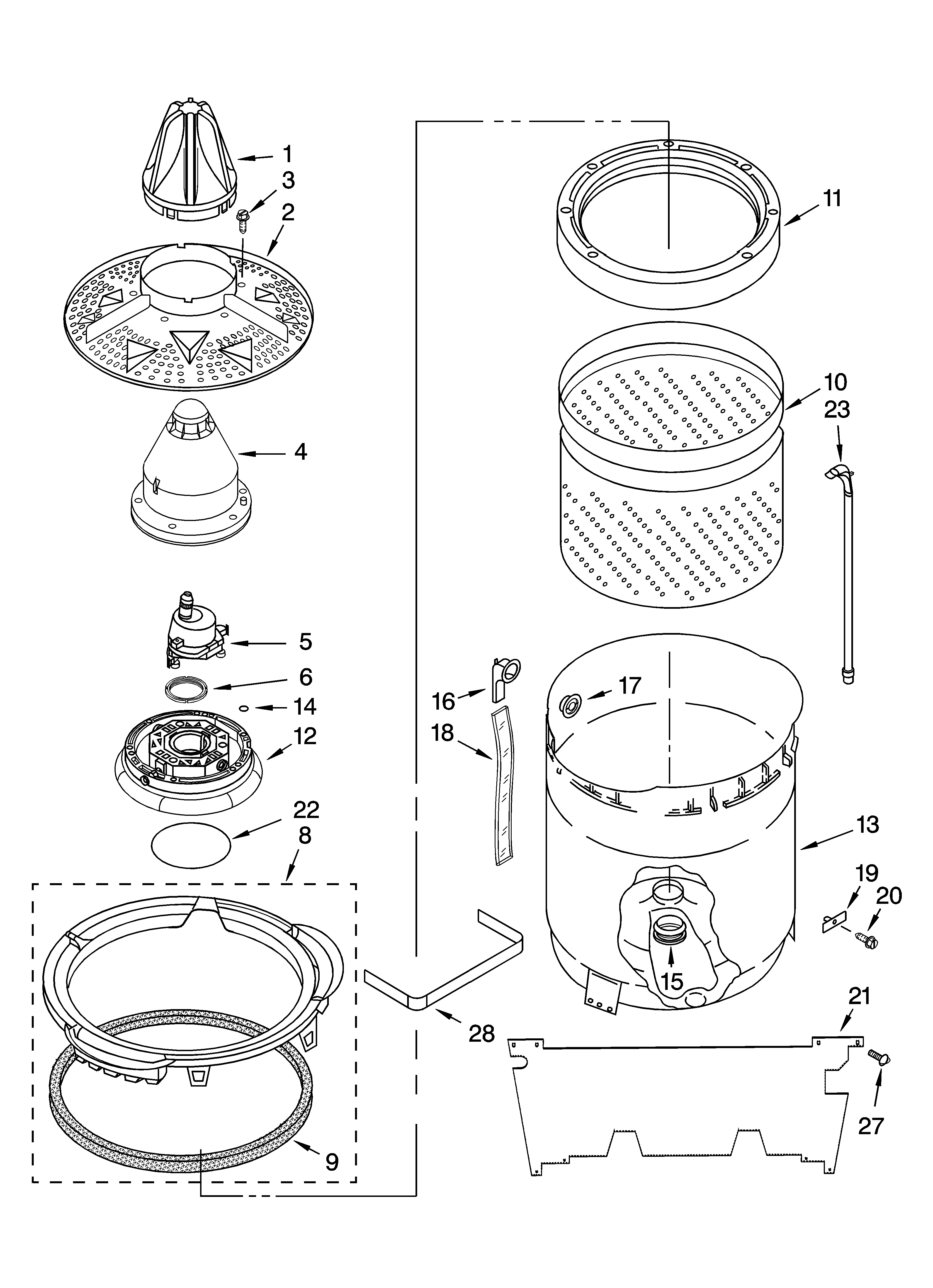 Kenmore Elite 11024086200 washplate, basket and tub parts diagram