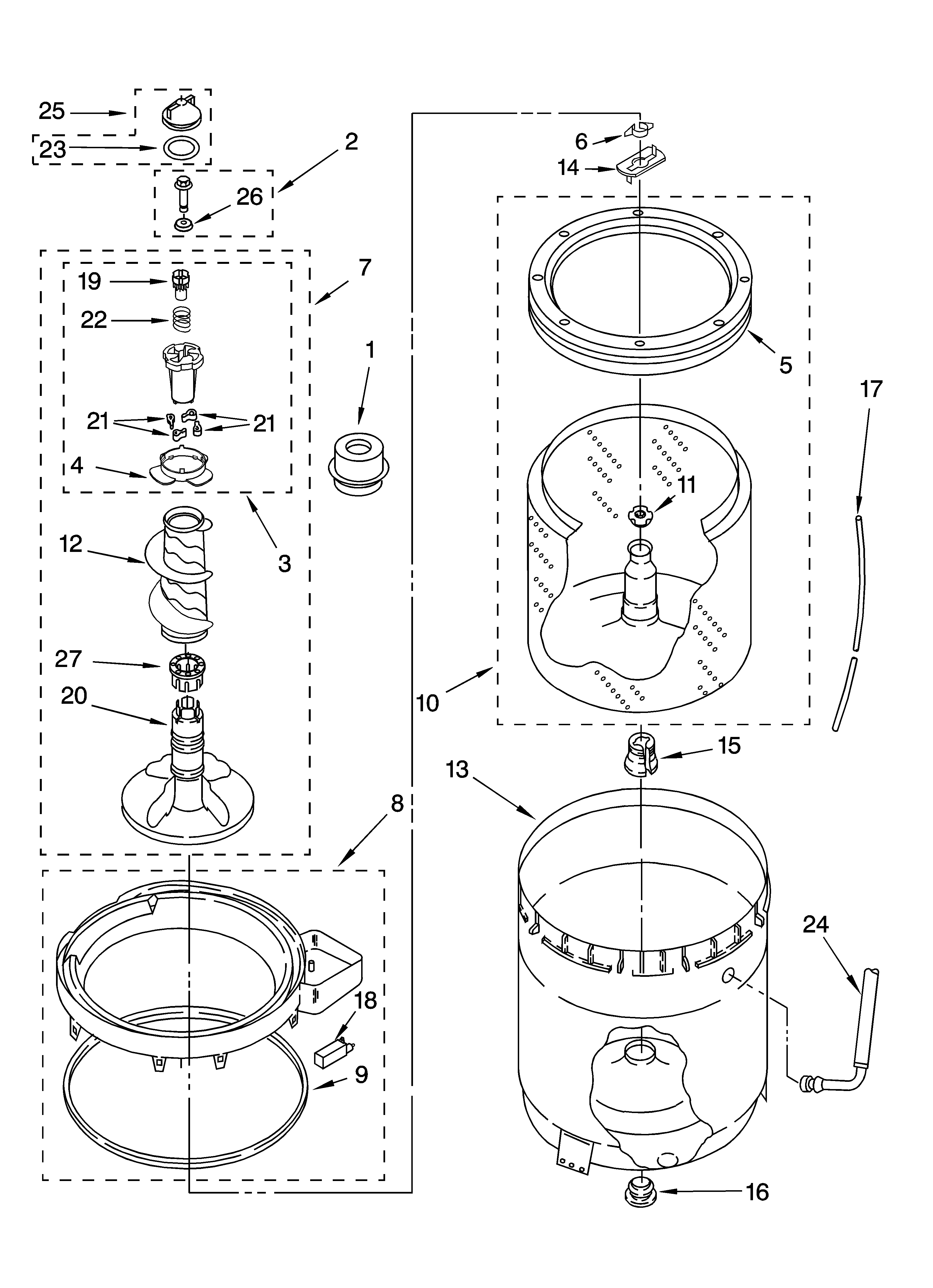 Kenmore 11022952101 agitator, basket and tub parts diagram