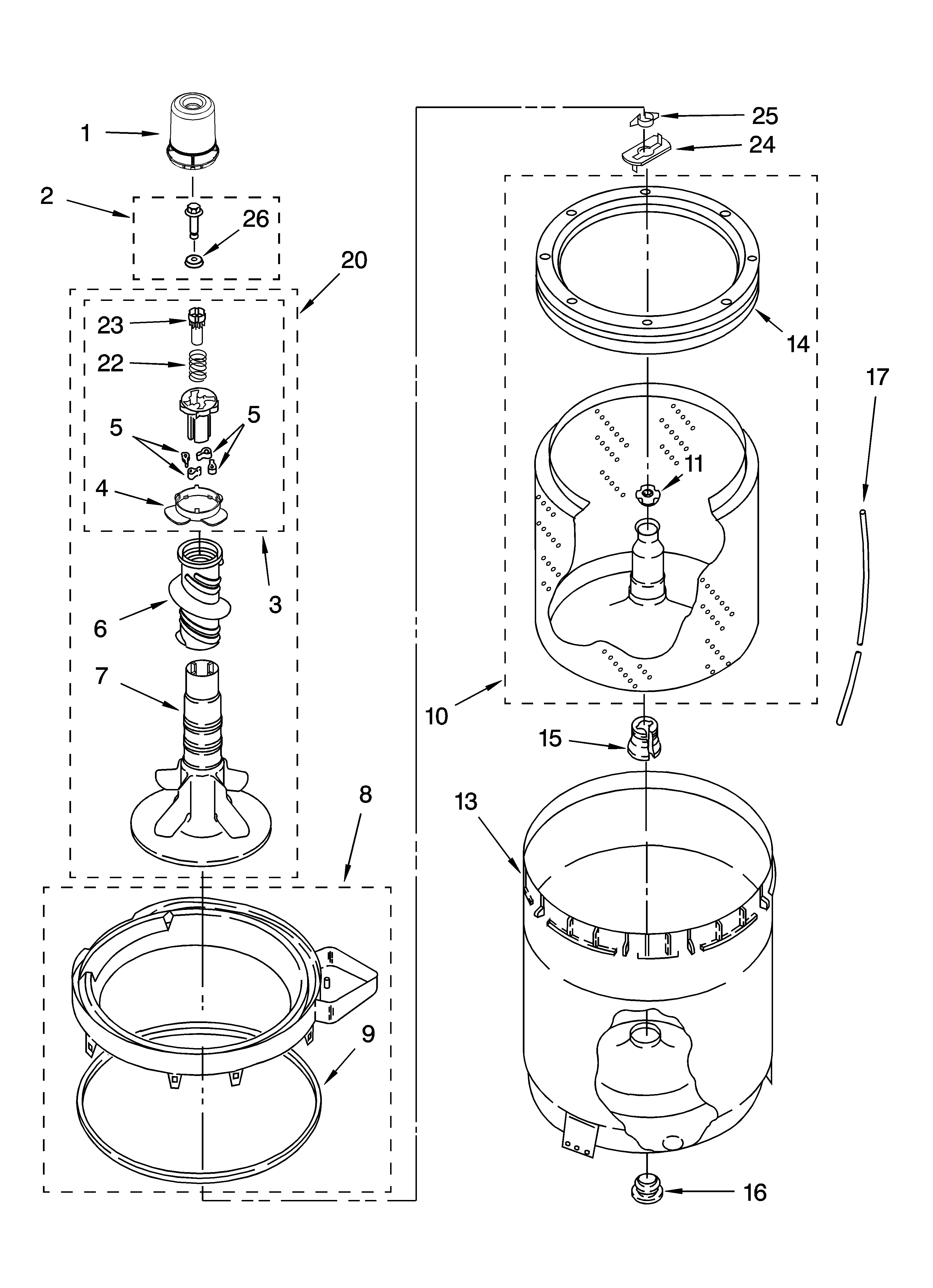 Kenmore 11025864400 agitator, basket and tub parts diagram