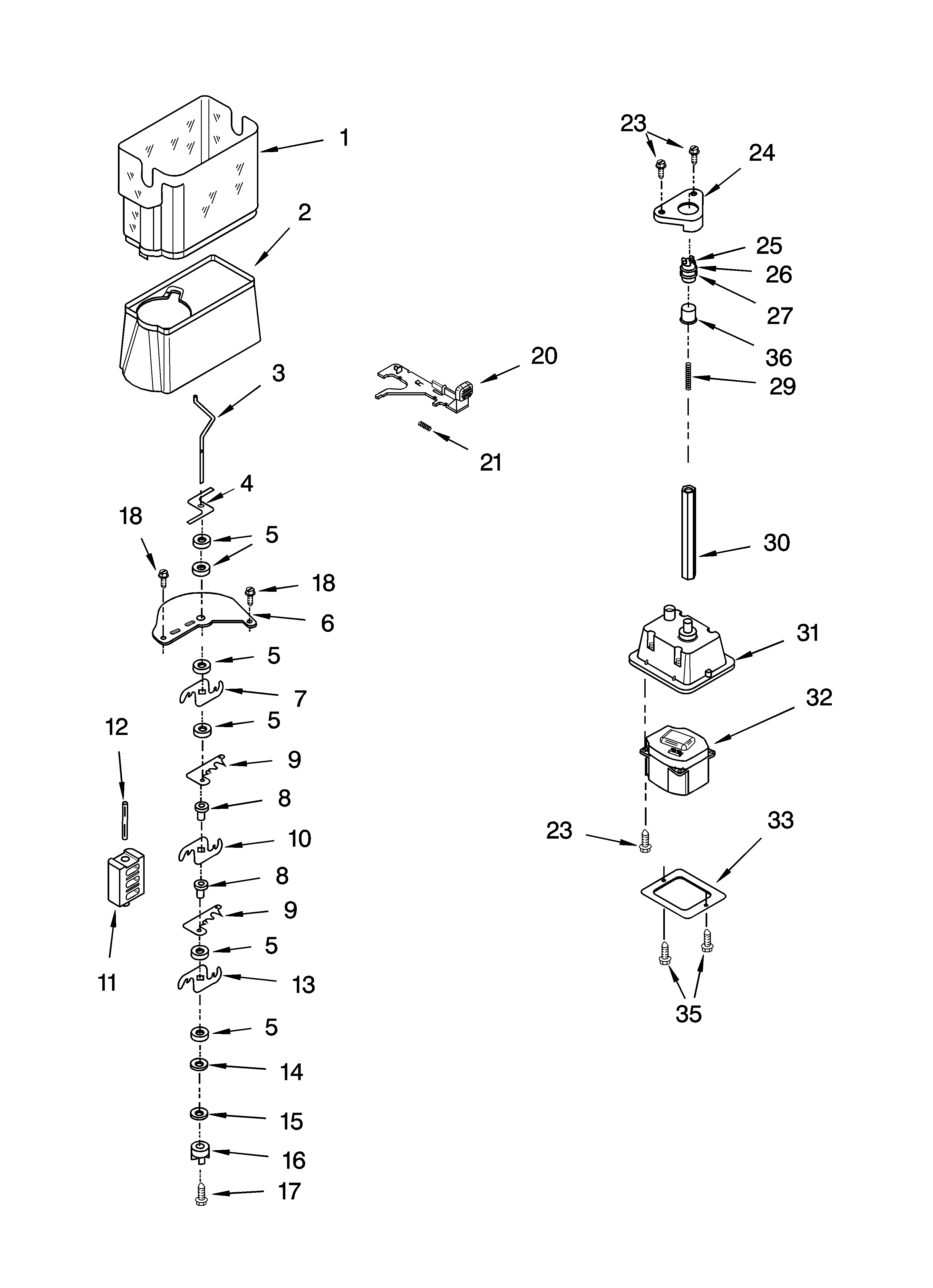 Kenmore 10653342300 motor and ice container parts diagram