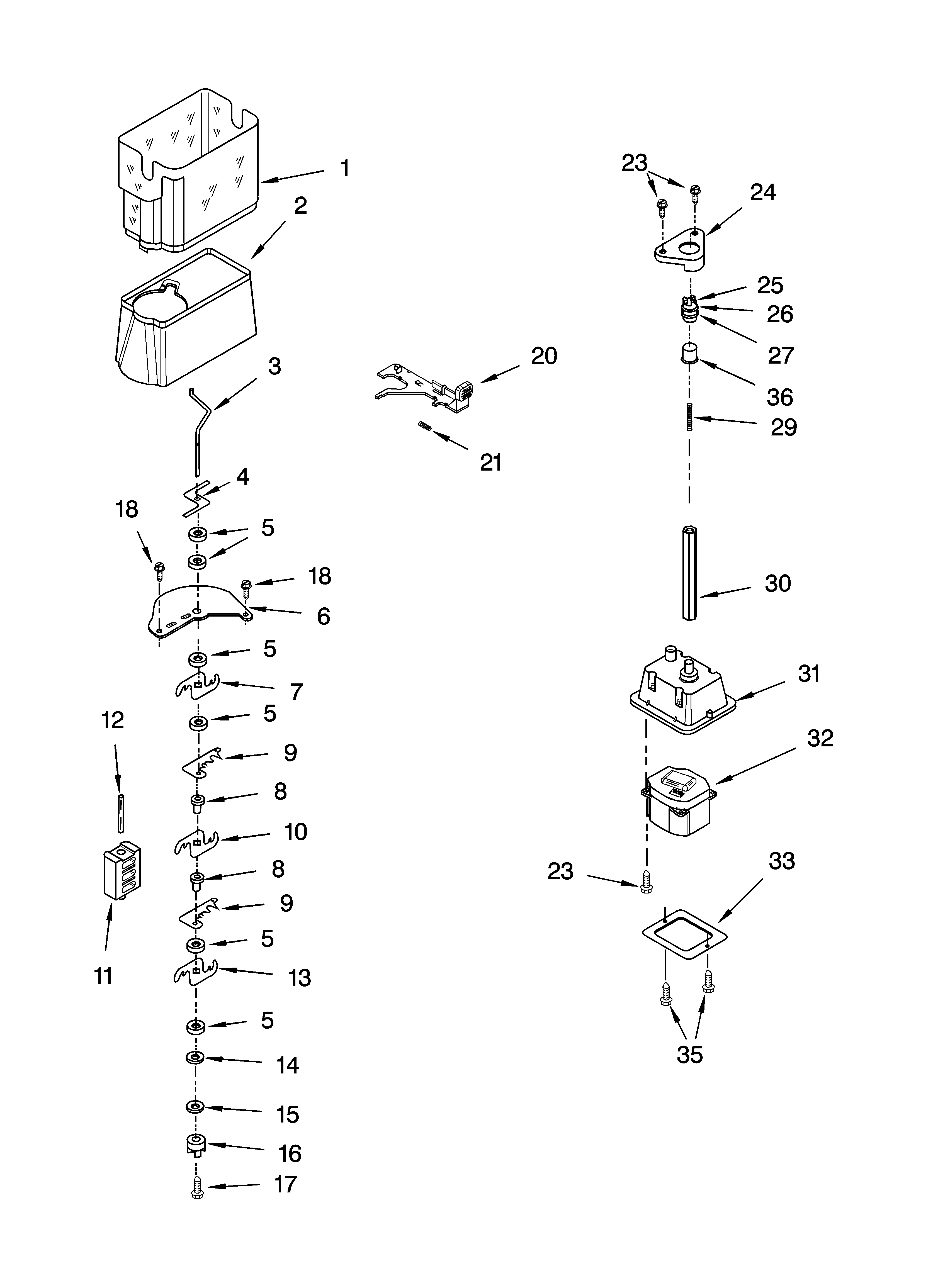 Kenmore 10653359300 motor and ice container parts diagram