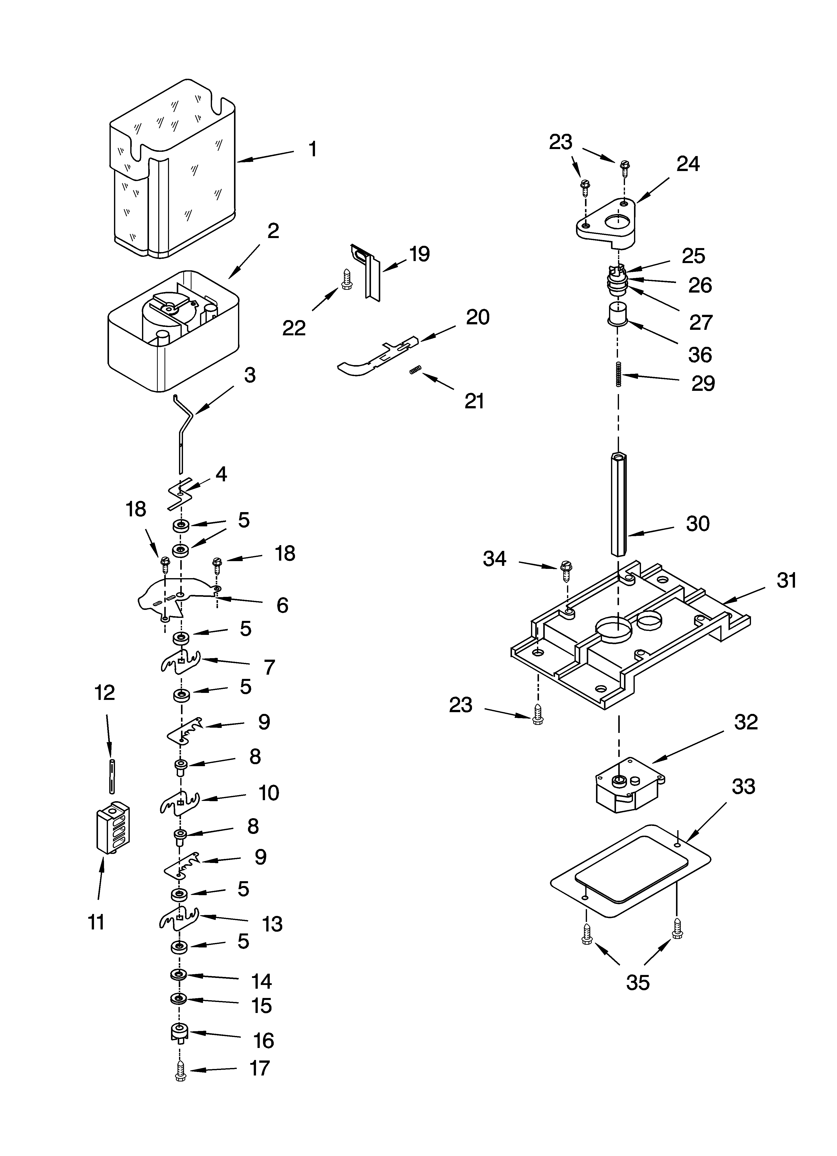 Kenmore 10653632300 motor and ice container parts diagram